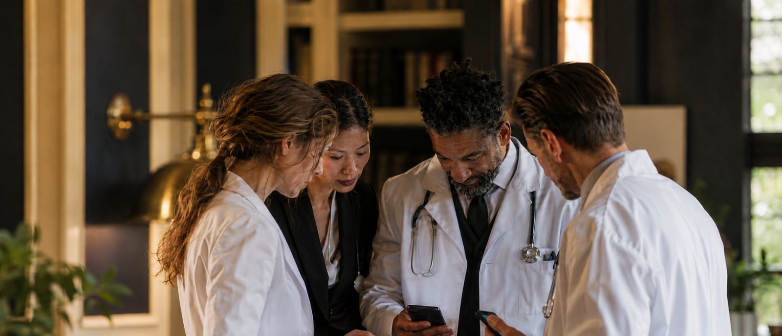 A practice team conferring around one phone in a warm office
