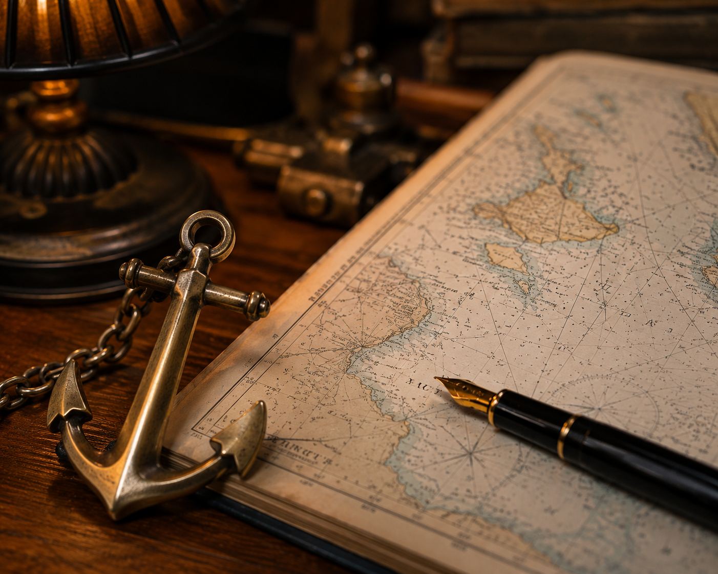 A brass kedge anchor and fountain pen resting on a nautical chart, lamplight