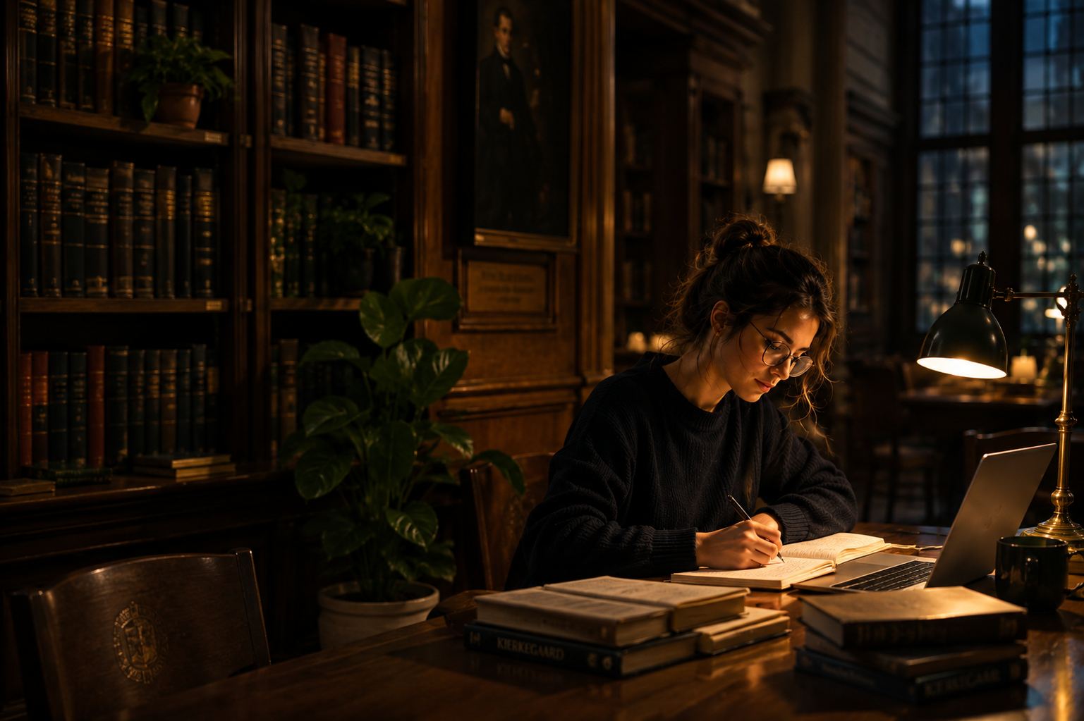 A graduate counseling student studying at a lamplit desk